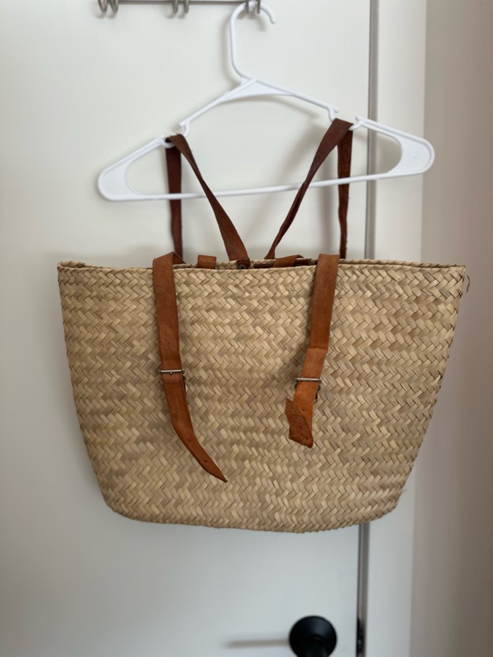 Woven Straw Tote Bag with Brown Leather Straps